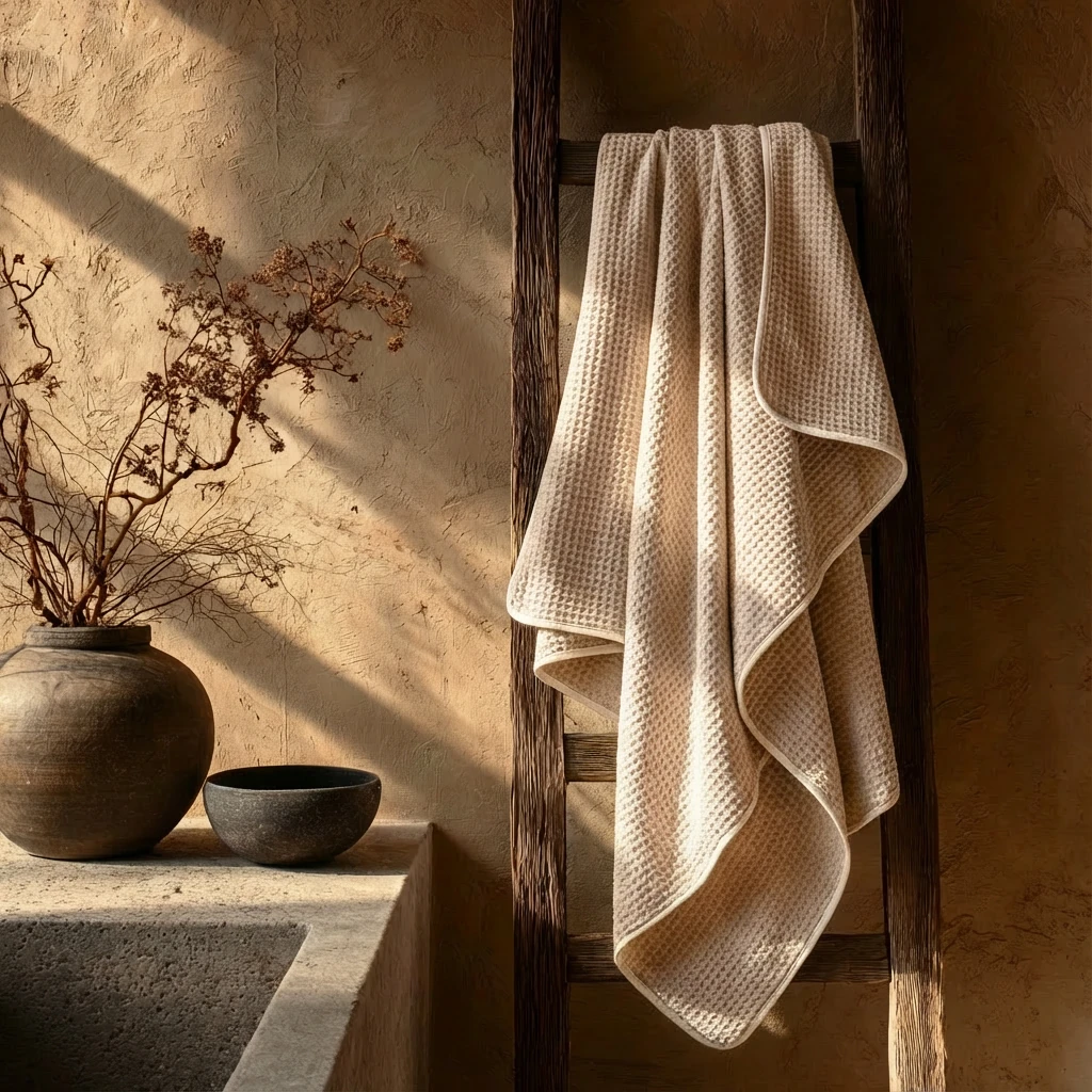 Cream waffle-weave coral fleece towel draped over rustic wooden ladder, bathed in warm sunlight, beside a textured vase with dried branches—calm interior styling with wabi-sabi aesthetic.