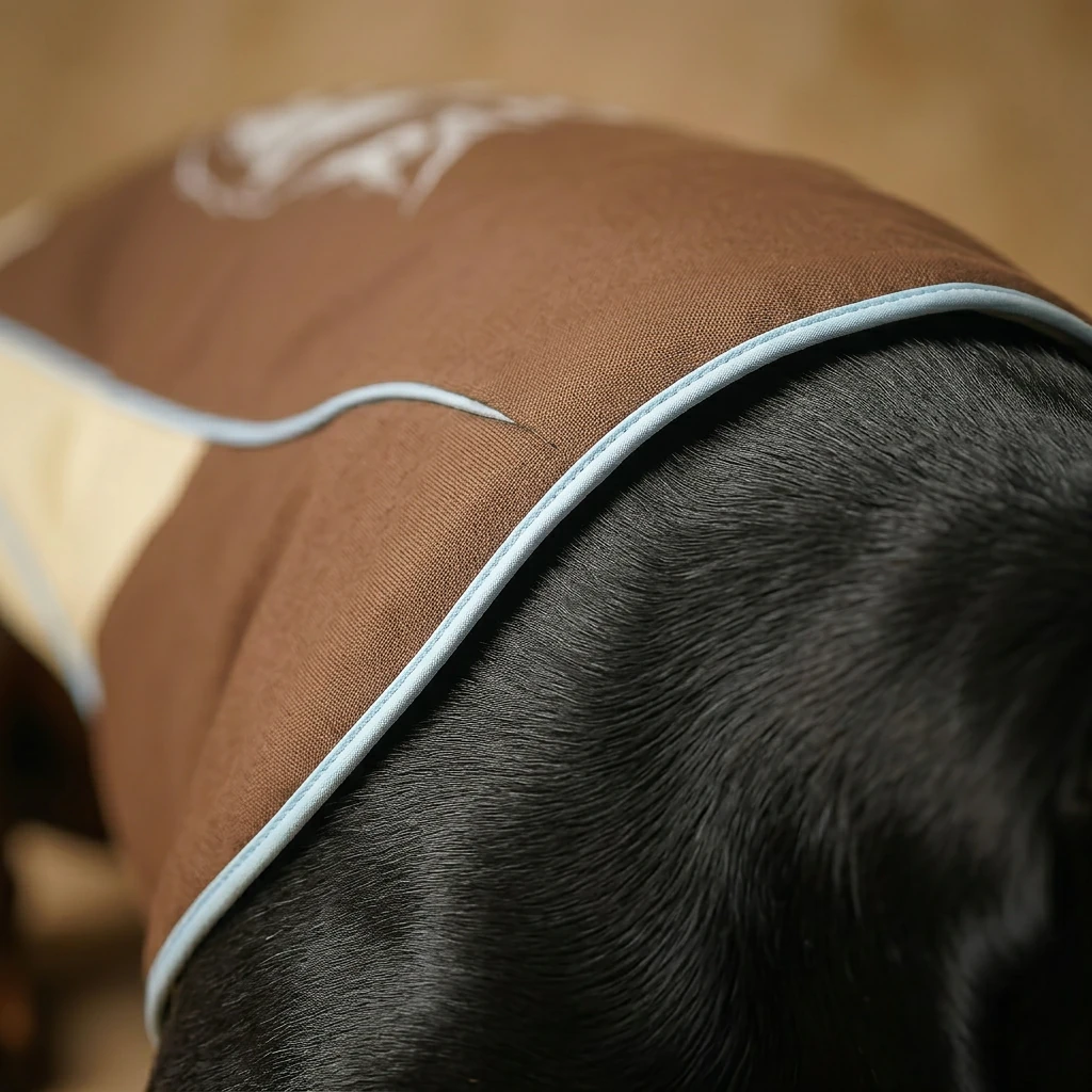 Minimalist dog coat for deep-chested breeds, close-up of weather-resistant fabric with soft blue piping on a Doberman's back, warm natural lighting.