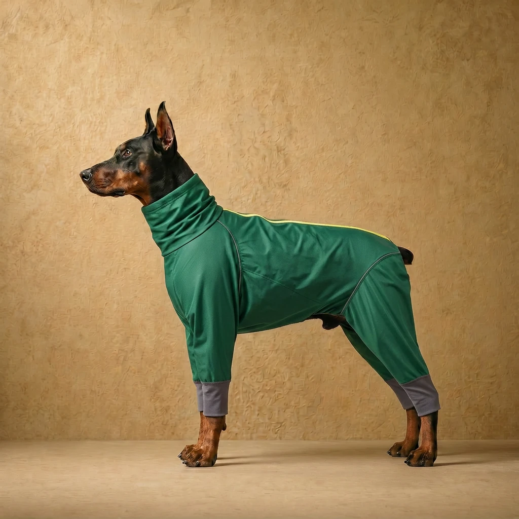 Doberman in a sleek emerald green rainproof dog coat with a high neck and leg coverage, designed for deep-chested breeds, standing alert against a warm textured backdrop.