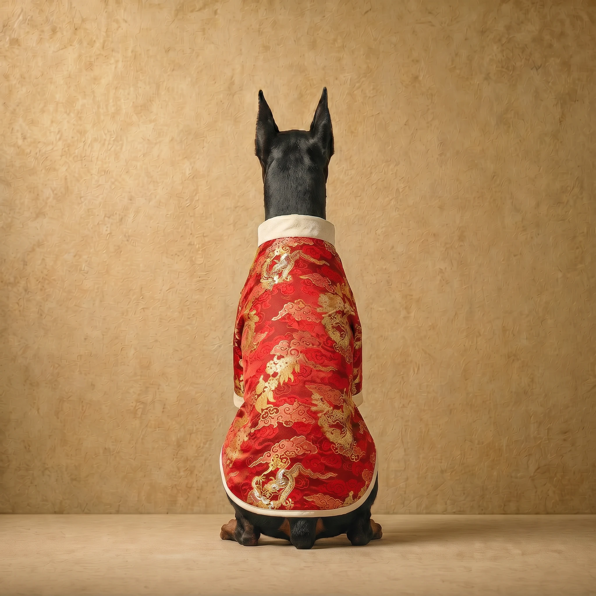 Doberman in a red and gold heritage-inspired coat with dragon embroidery, tailored for deep-chested build, shown from behind against a warm textured backdrop.