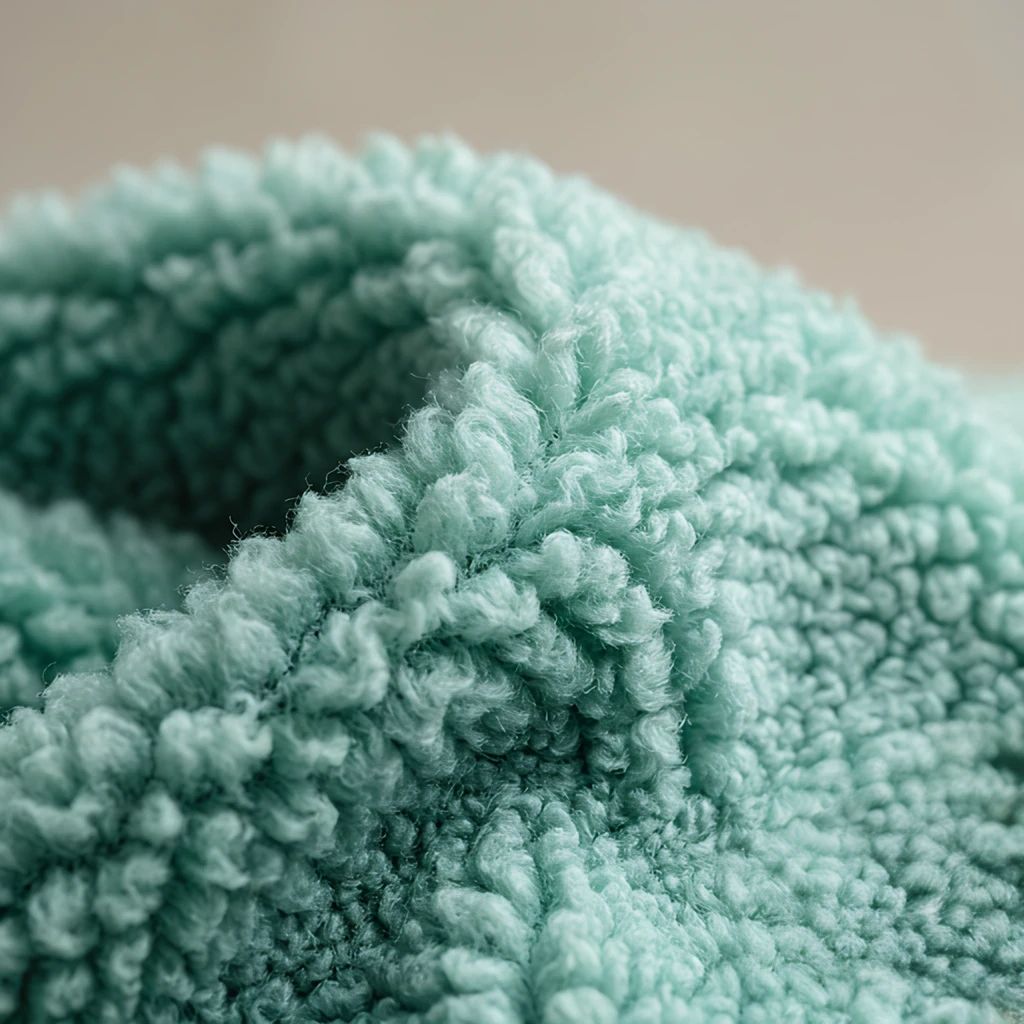 Soft mint sherpa fleece for deep-chested dogs, offering cozy warmth with minimalist design and natural texture.