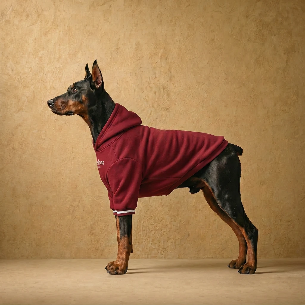 Doberman in a deep red fleece hoodie with a clean athletic fit, showcasing tailored coverage for deep chests and natural movement, in a warm neutral studio setting.