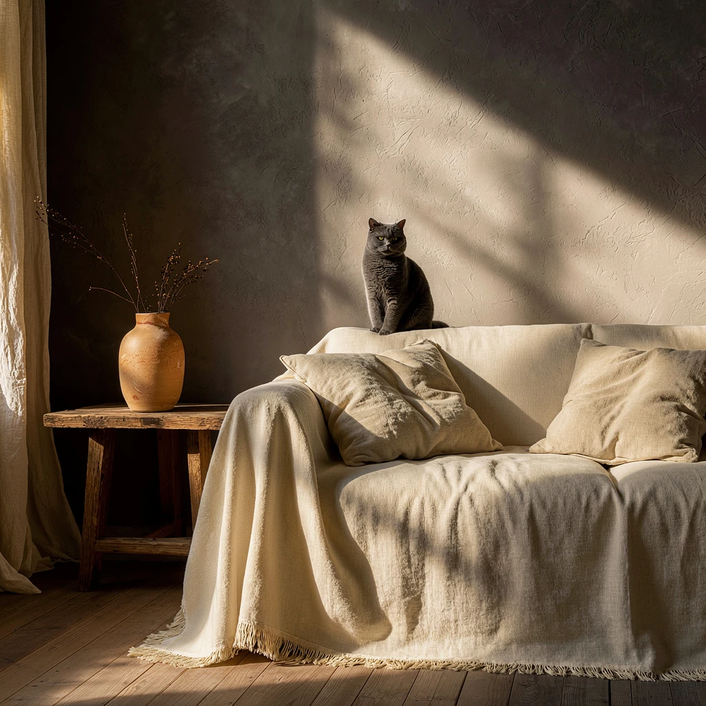 Soft beige Teddy velvet throw drapes over a sofa in a sunlit minimalist interior, with a gray cat perched calmly atop, embodying harmonious pet living.