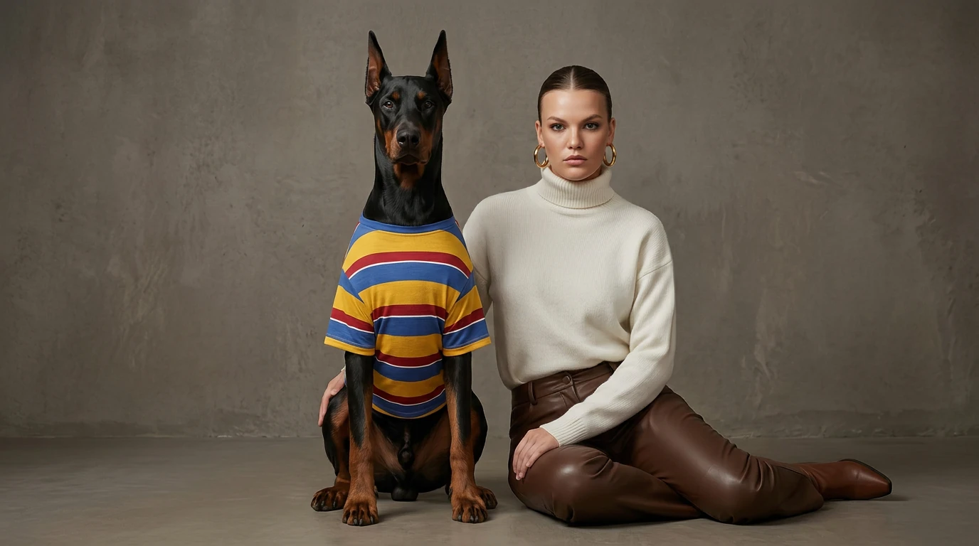 Doberman in NookPaws™ Deep-Chest Striped Layer, a breathable cotton-blend sweatshirt with bold stripes, styled for calm, functional comfort against a muted concrete backdrop.