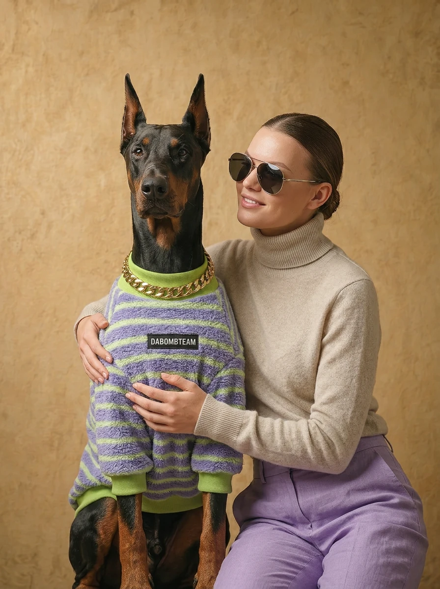 Doberman in purple-lime striped fleece sweater, soft polar texture, minimalist fit, paired with owner in neutral turtleneck, warm studio lighting.