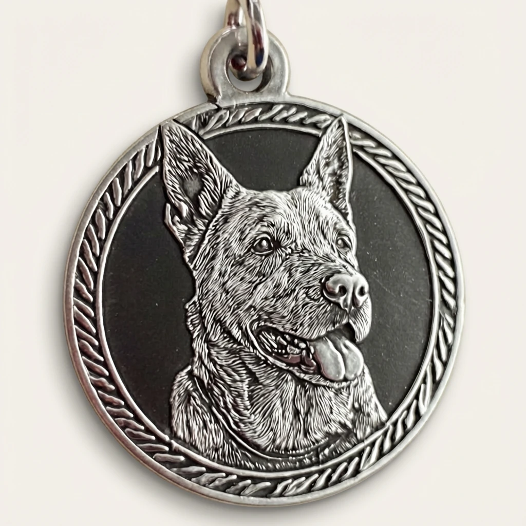 Hand-finished 925 sterling silver pendant featuring a detailed relief sculpture of a dog’s joyful expression, framed by a textured rope border, embodying harmonious pet living.