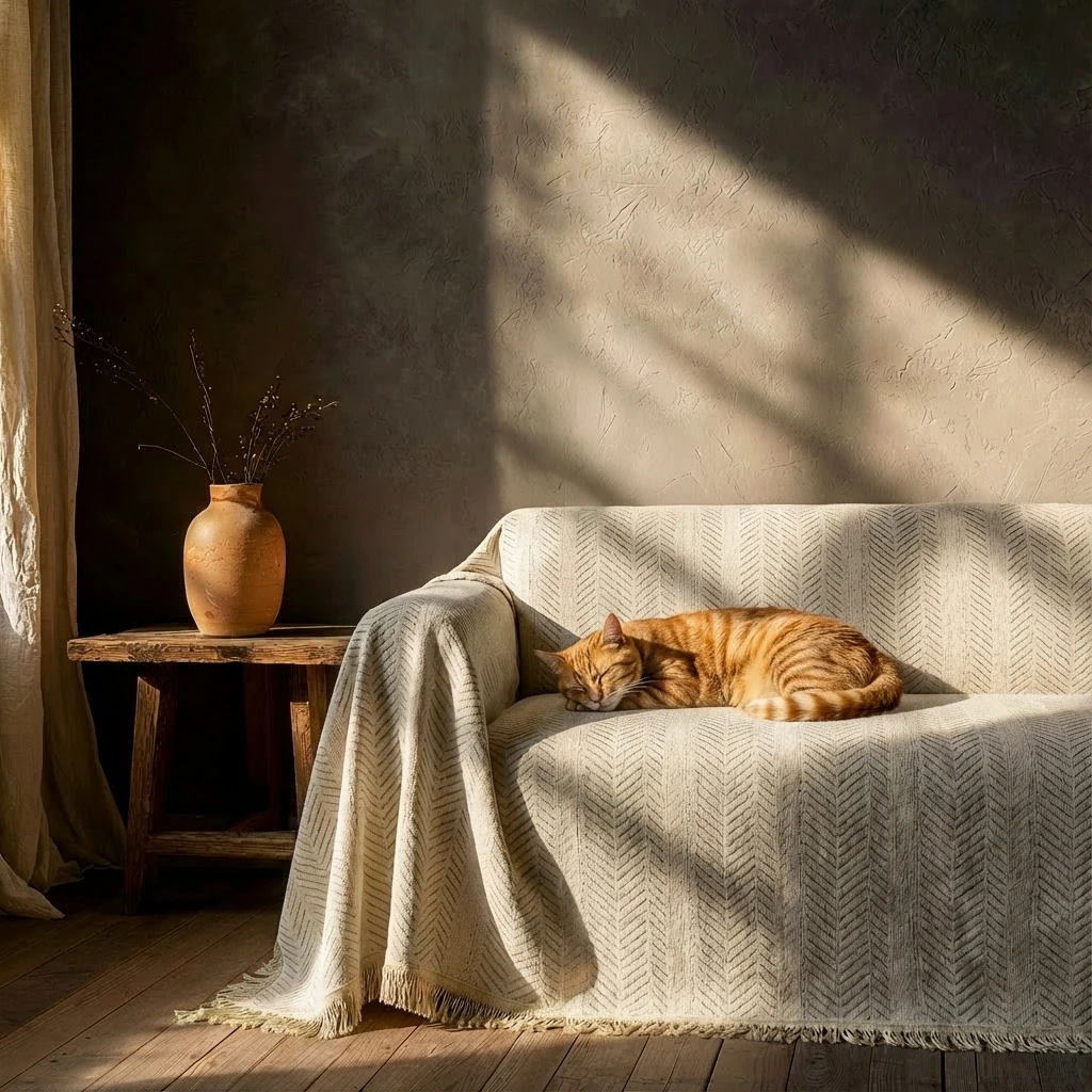 Soft chevron woven chenille sofa throw in neutral tones, draped over a minimalist sofa with a sleeping ginger cat basking in sunlight, embodying harmonious pet living.