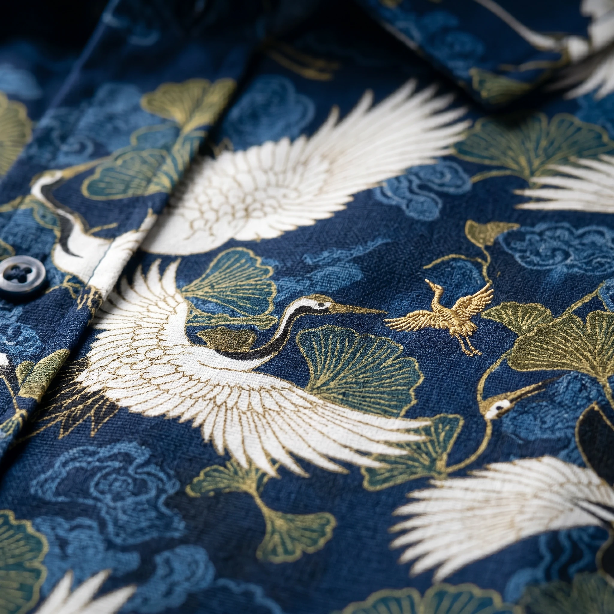 NookPaws™ Lightweight Doberman Shirt in deep navy with embroidered white cranes and ginkgo leaves, textured fabric for deep-chested dogs, calm minimalist design.