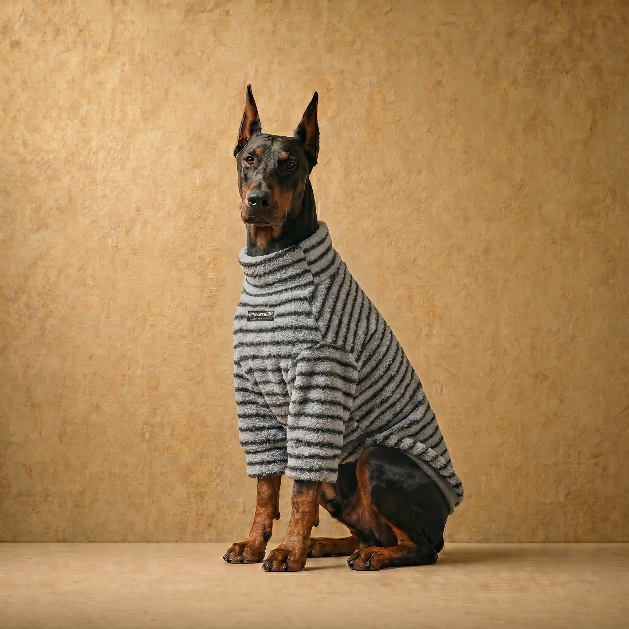 Doberman in a high-neck striped fleece sweater with clean, athletic fit, heather grey and black horizontal stripes, soft textured material, tailored for deep-chested breeds, minimalist dog apparel design.