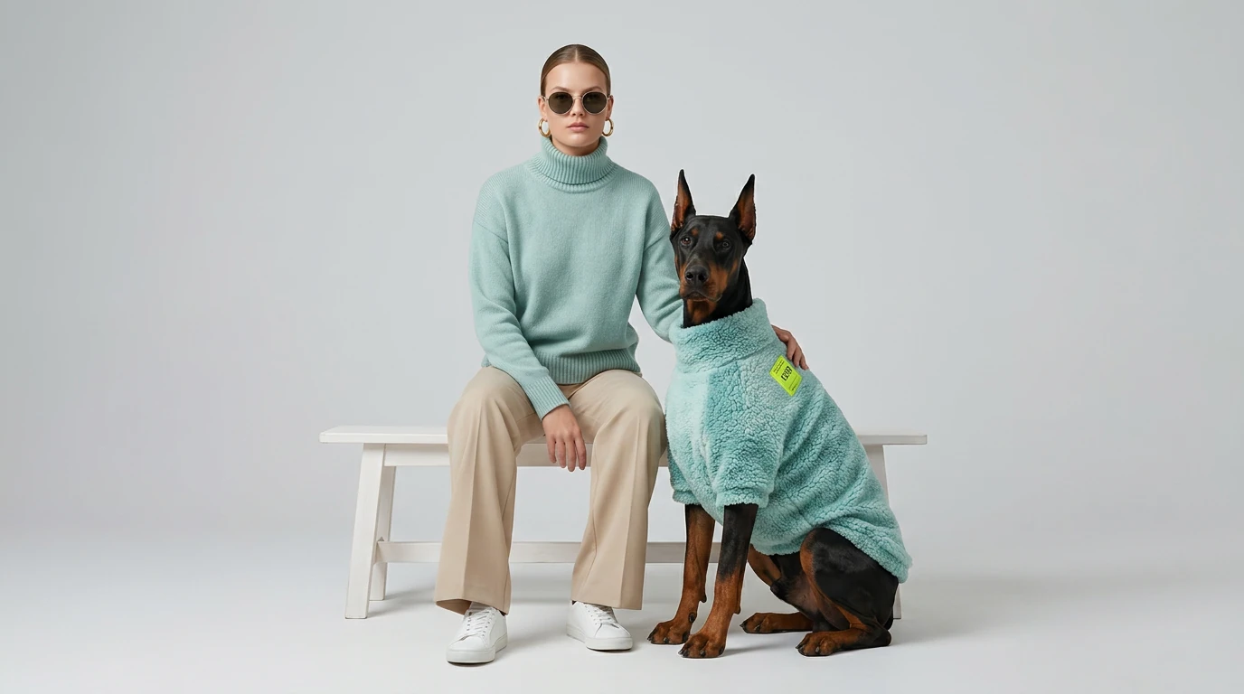 Doberman in NookPaws™ Deep Chest Fleece Sweater, high-loft sherpa for large-breed comfort, minimalist turquoise wear with clean lines and soft texture, calm winter layering for deep-chested dogs.