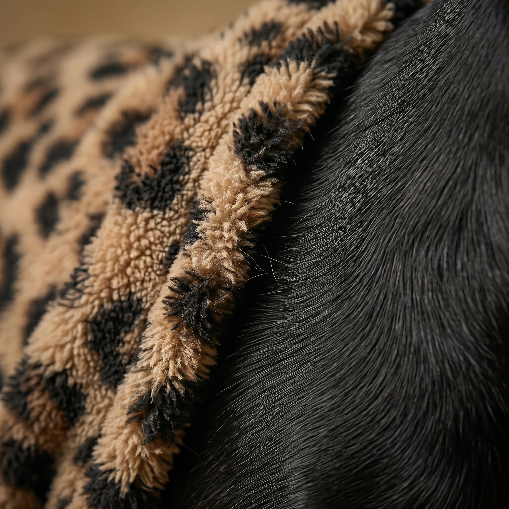 High-pile sherpa fleece dog hoodie in neutral tan and black, softly draped over a deep-chested dog’s back, showcasing texture and snug, minimalist fit for large breeds in cold weather.