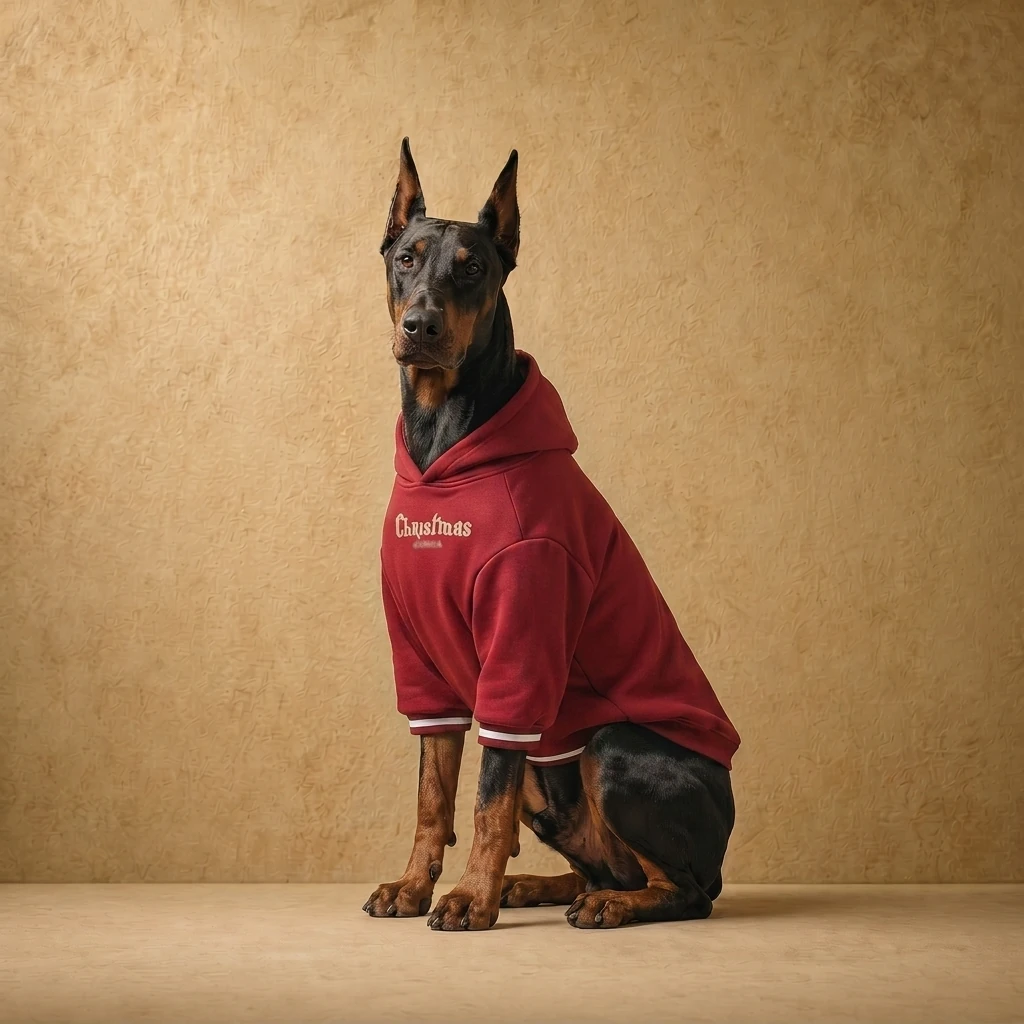 Doberman wearing a wine red fleece hoodie with white trim, sitting upright against a warm textured backdrop. The athletic fit accommodates its deep chest and muscular build.