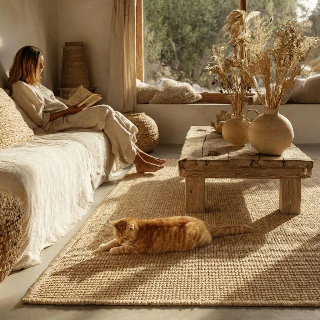 A ginger cat rests on a textured, natural-toned woven rug in a sunlit minimalist living room with a rustic coffee table and neutral textiles, embodying harmonious pet living.