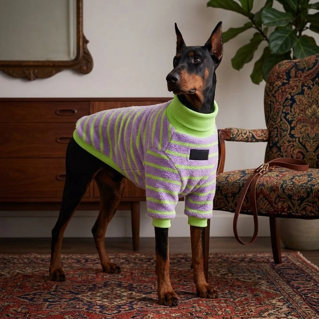 Doberman in NookPaws Deep Chest Fleece Sweater, showcasing soft purple-lime stripes and high-density polar fleece texture, designed for large breeds with minimal, functional style.