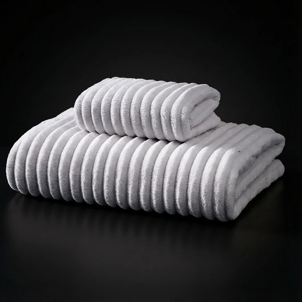 Soft white waffle-weave coral fleece towels stacked neatly, showcasing plush texture and minimalist elegance against a dark backdrop, embodying calm interior styling.