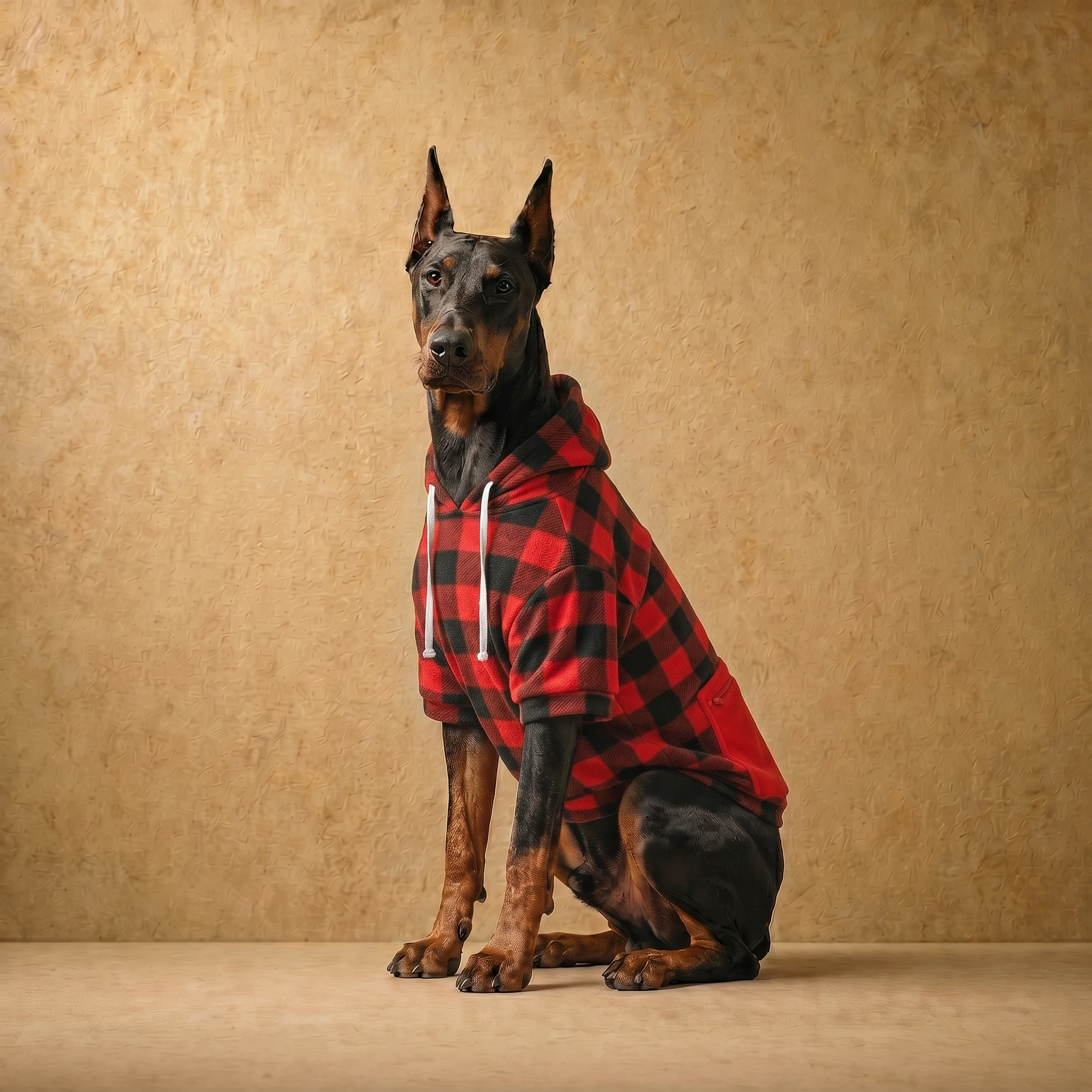 Doberman in a red and black plaid dog hoodie with white drawstrings, sitting upright against a warm textured backdrop, showcasing a close athletic fit for deep-chested breeds.