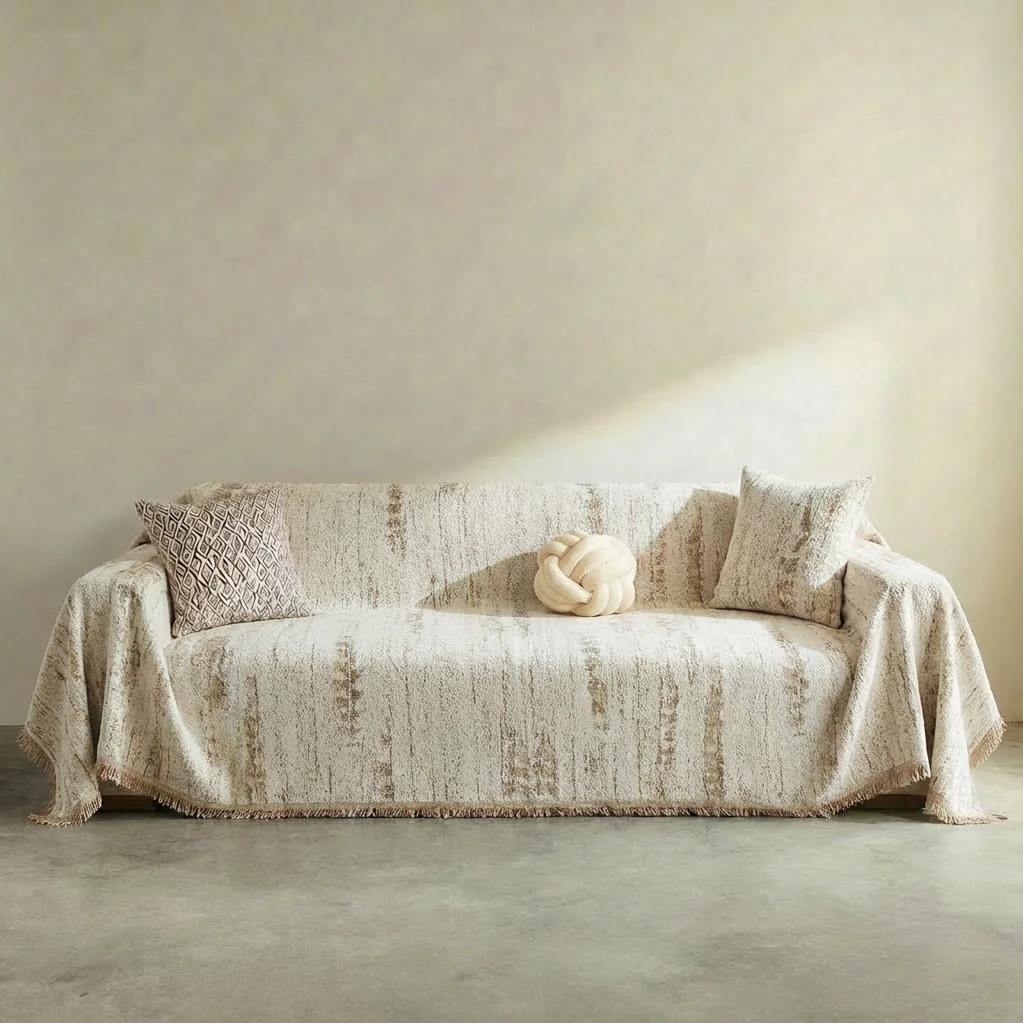 Warm khaki woven chenille throw draped over a minimalist sofa, featuring textured vertical stripes and soft fringe, in a calm, wabi-sabi living space with neutral tones and natural light.