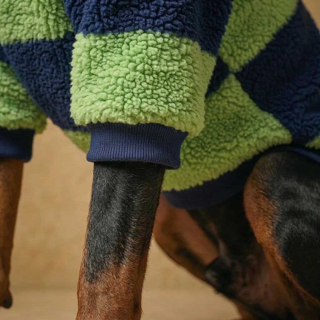 Doberman wearing soft green and navy striped fleece hoodie, showcasing deep-chested fit and cozy texture in minimalist styling.