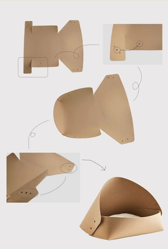 Minimalist felt cat cave assembly shown in warm beige, featuring snap-button design and sculptural form, ideal for harmonious pet living in a calm, modern interior.