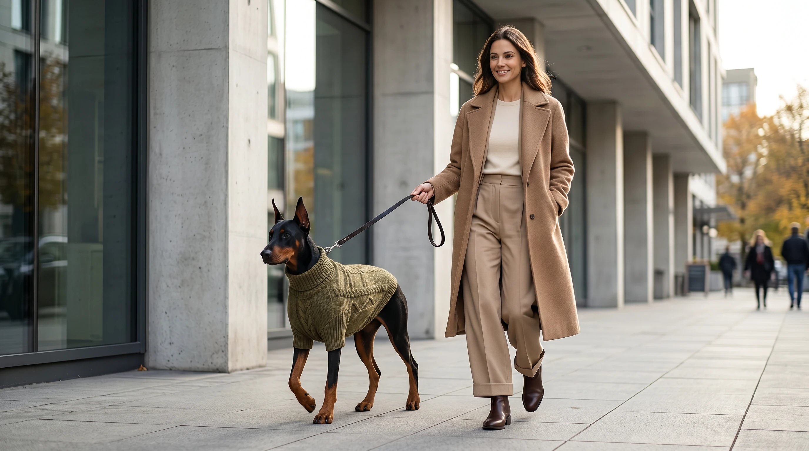 Doberman in olive cable-knit dog sweater with high neck, walking beside owner on city sidewalk, minimalist winter layers against concrete and glass backdrop