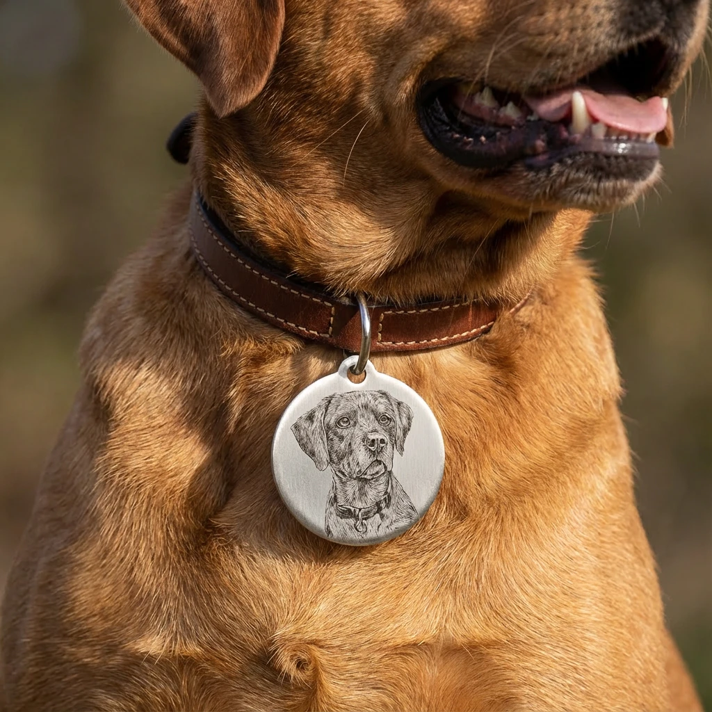 A warm brown dog wears a hand-finished silver pendant with a detailed pet portrait, hanging from a leather collar—crafted for harmonious pet living.