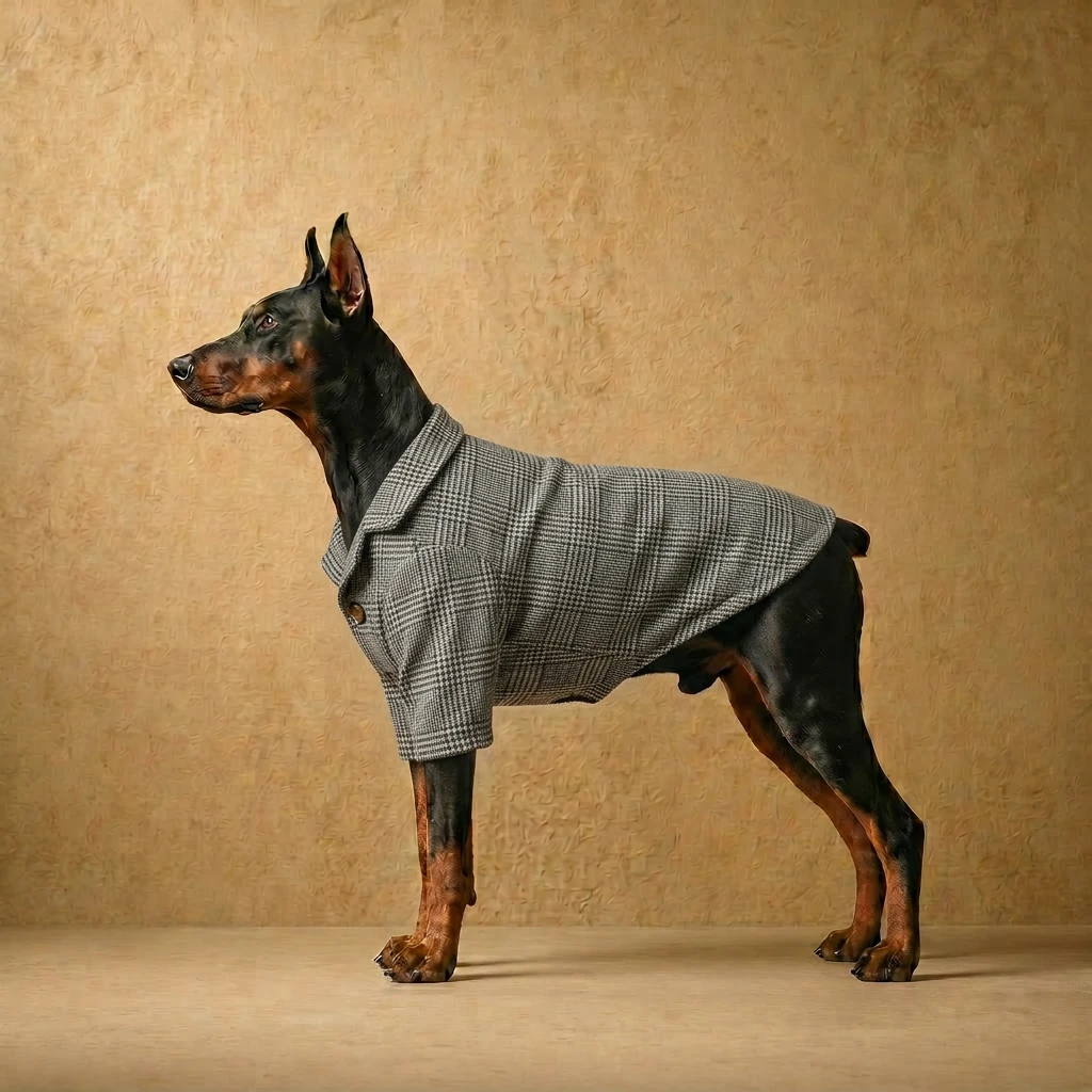 Doberman in a tailored gray houndstooth wool-blend blazer, structured for deep chest, clean fit, neutral tone, minimalist aesthetic.