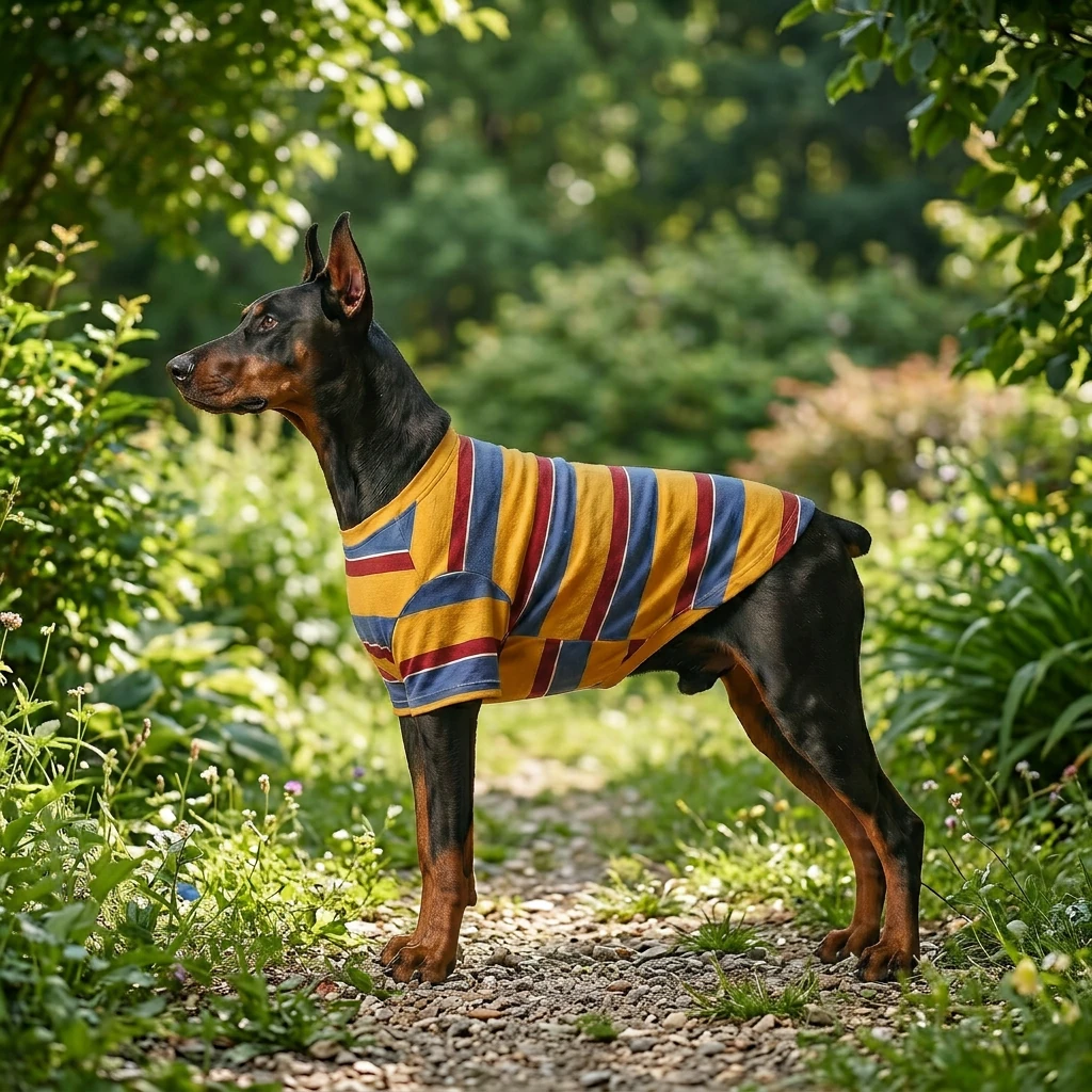 Doberman in NookPaws™ Deep-Chest Striped Layer, a breathable cotton-blend dog sweatshirt with warm, earthy stripes, fitting comfortably over deep chest, worn in dappled garden light.