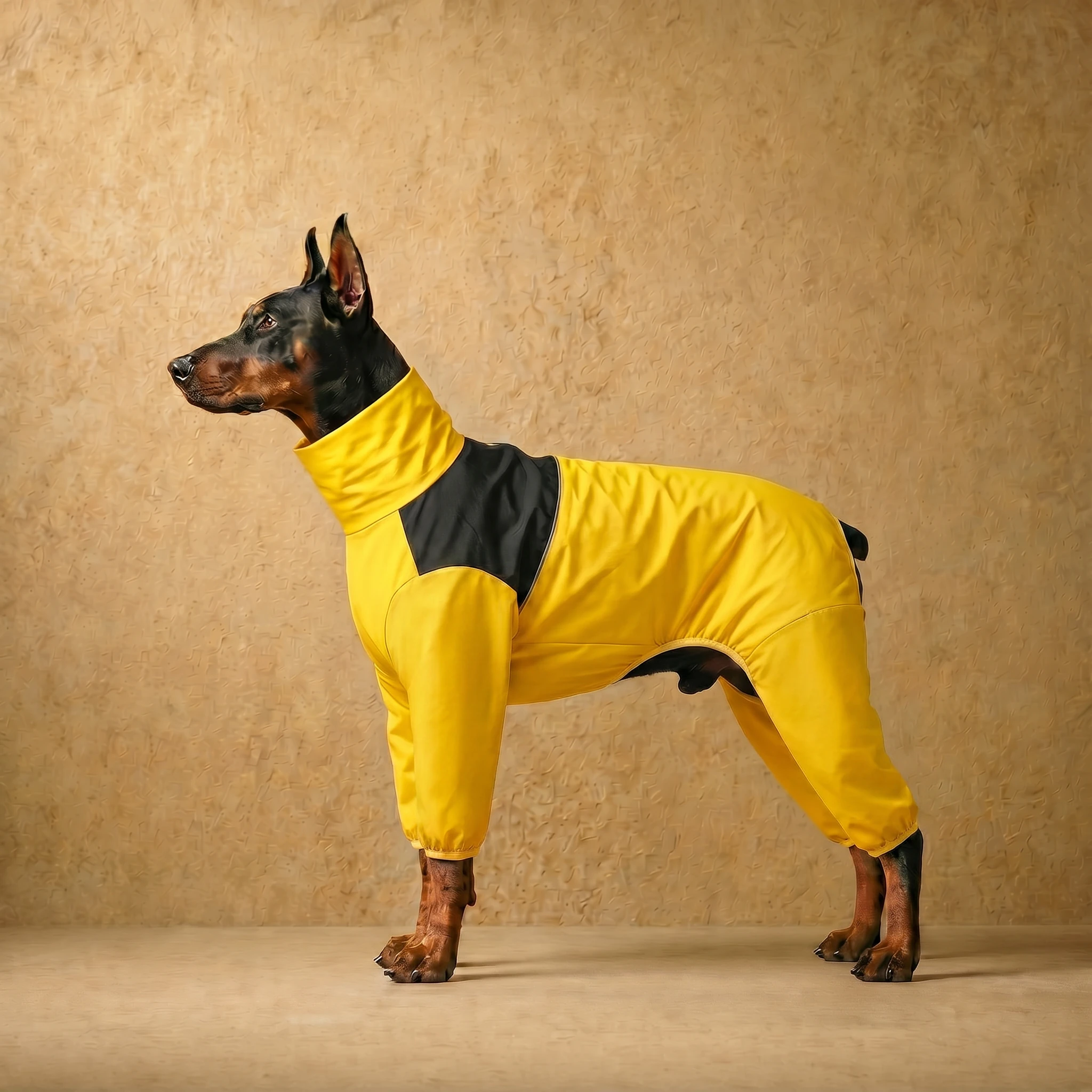 Doberman in a bright yellow rainproof dog coat with black paneling, full limb coverage, and snug athletic fit, standing alert against a warm textured backdrop.