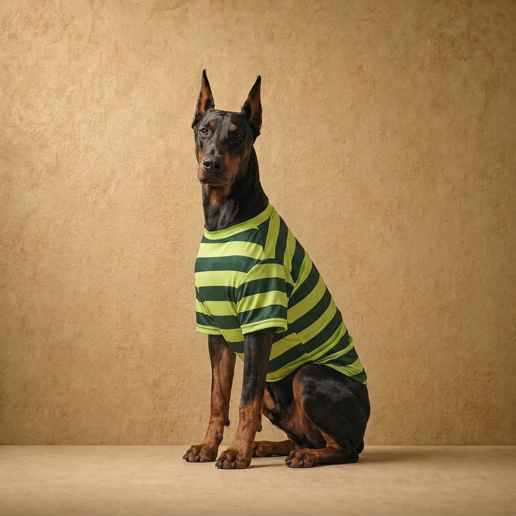 Doberman wearing a green and lime striped lightweight layer with a close, athletic fit, designed for deep-chested breeds. Breathable fabric, indoor comfort, minimal design.