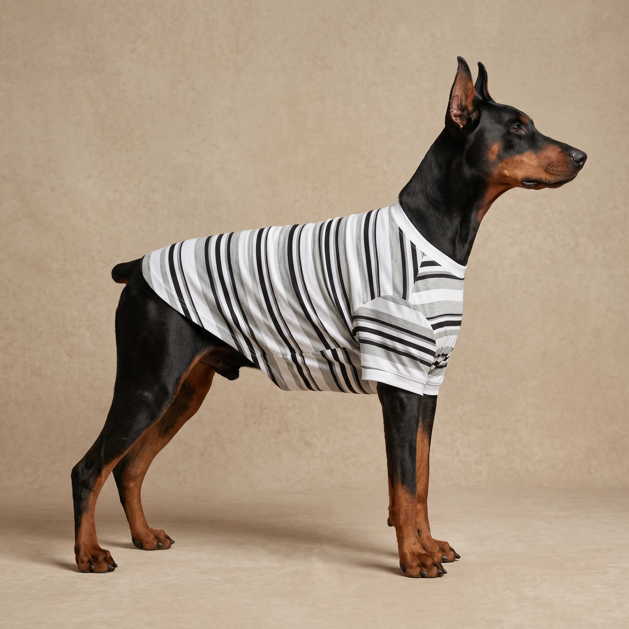 Doberman in a minimalist striped shirt with a clean fit, designed for deep chests—lightweight and breathable, in neutral tones with black, white, and gray vertical stripes, offering a practical indoor layer for large dogs.