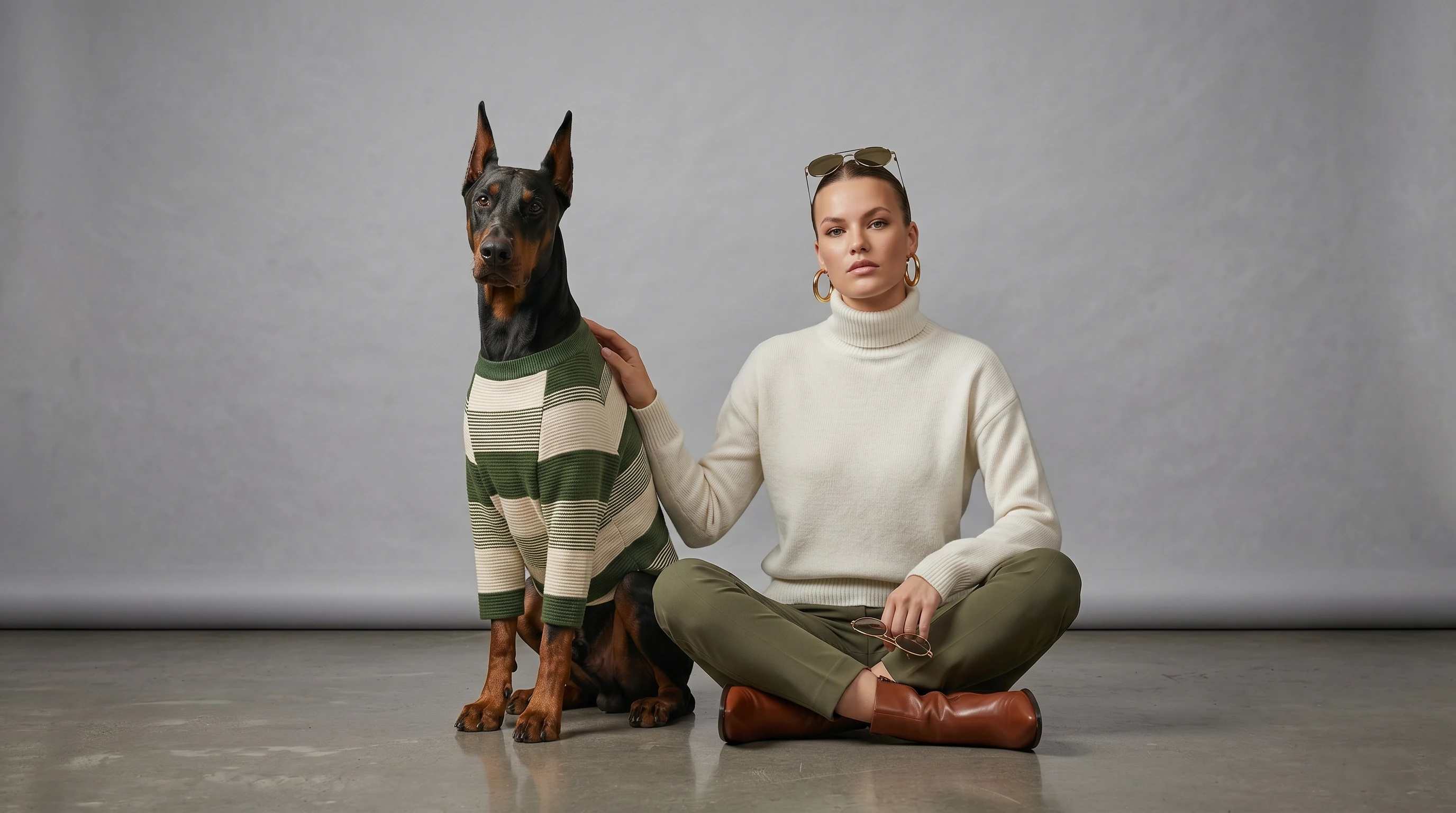 Doberman in NookPaws striped knit sweater, green and cream waffle-knit base layer, minimalist fit, calm studio lighting, large-breed apparel, functional dog wear
