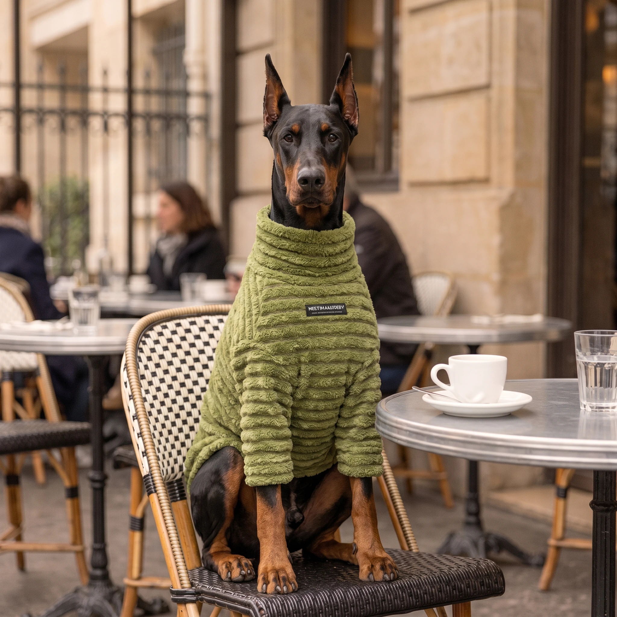 Doberman in NookPaws™ Striped Fleece Sweater, olive green textured fleece with high neck, sitting calm at a café table, soft natural light, minimalist fit for deep-chested breeds.