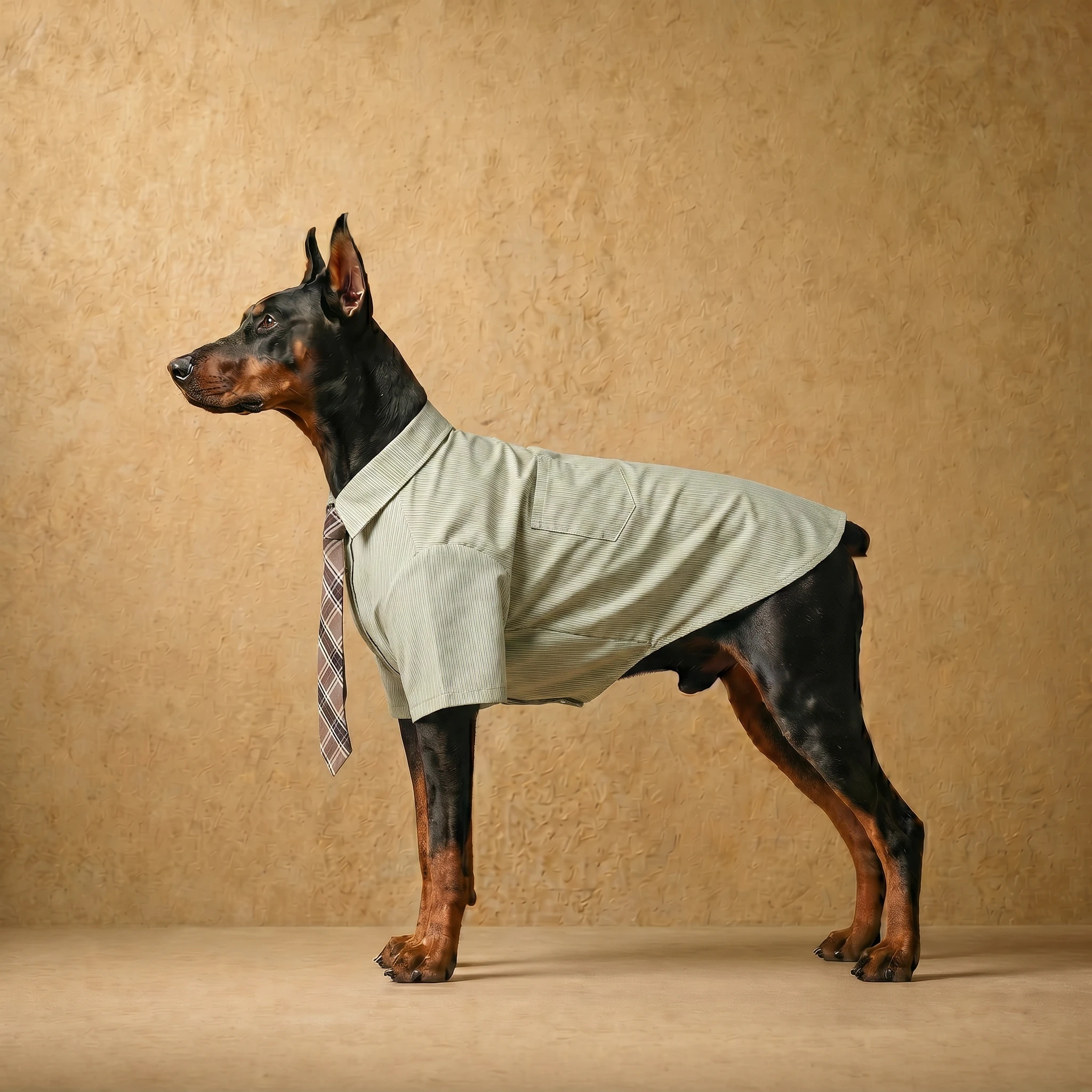 Doberman in a minimalist striped cotton-linen shirt with a tailored fit for deep chested breeds, featuring a clean collar and front pocket, styled with a plaid tie against a warm textured backdrop.