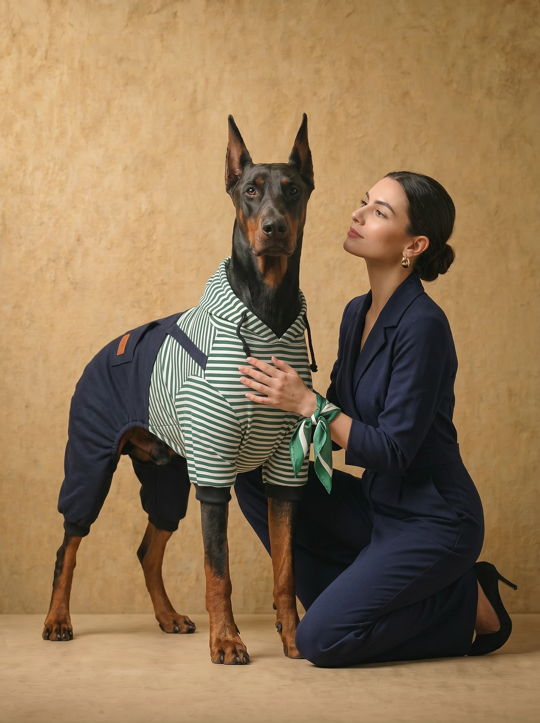 Doberman in NookPaws full-coverage layer with green-white stripes and navy fleece lining, tailored for deep-chested breeds, showcasing functional, minimalist dog apparel in warm, earthy light