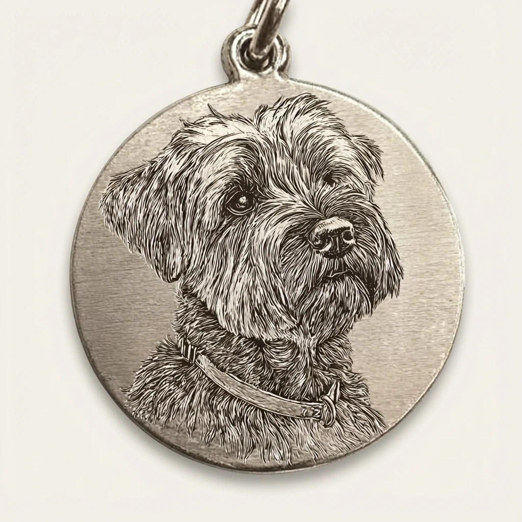 Hand-finished 925 sterling silver pendant with intricate hand-etched pet portrait, capturing a dog’s gentle essence in minimalist relief for harmonious pet living.