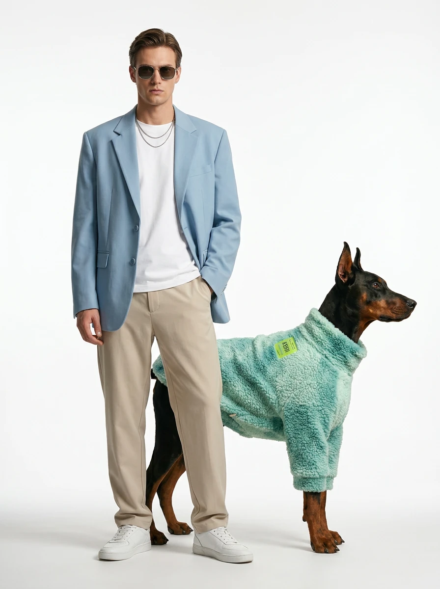 Turquoise high-loft sherpa fleece sweater for Dobermans, fits deep chested breed with clean, minimalist aesthetic and soft texture, shown with model in neutral tones.