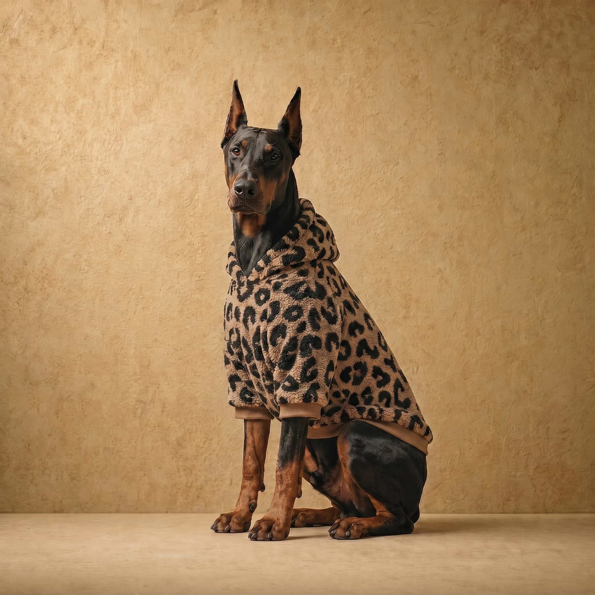 Doberman in a leopard-print sherpa hoodie with a close athletic fit, showcasing deep-chested dog apparel in warm, textured fleece for cold weather.