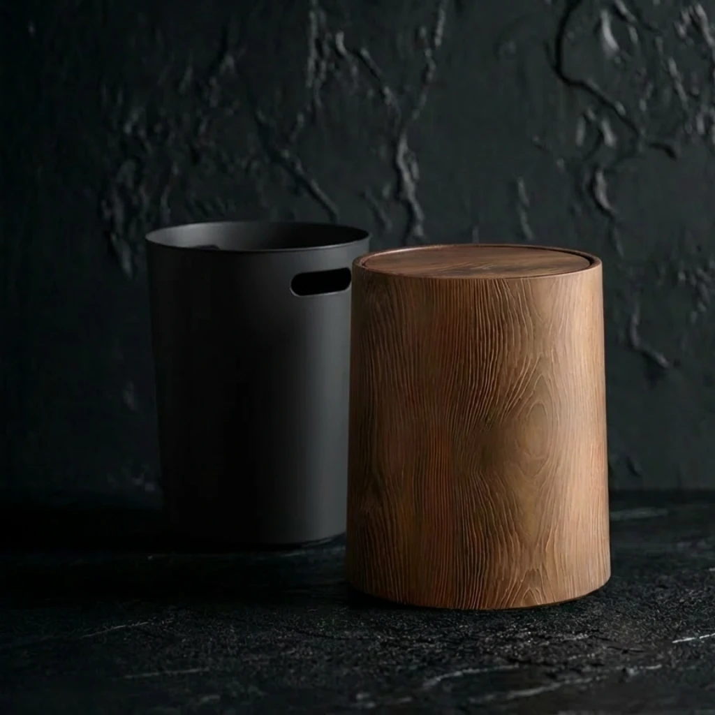 Cylindrical waste bin with wood-grain finish and concealed liner, set against a dark textured backdrop, embodying minimalist interior design and harmonious pet living.