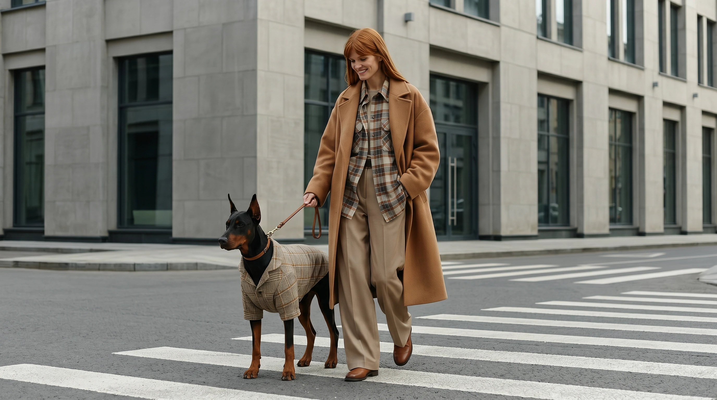 Doberman in tailored wool-blend blazer with plaid texture, walking beside owner on city crosswalk; minimalist design for deep-chested dogs, calm urban styling.