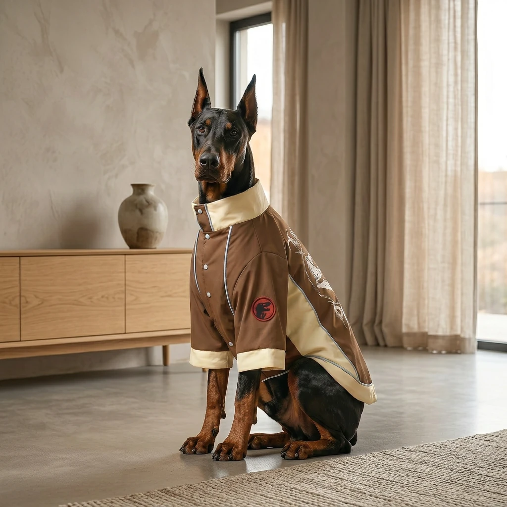 Doberman wearing NookPaws™ winter coat in earth tones, featuring minimalist design with cream accents, button front, and subtle branding — crafted for deep-chested dogs with functional warmth and calm elegance.