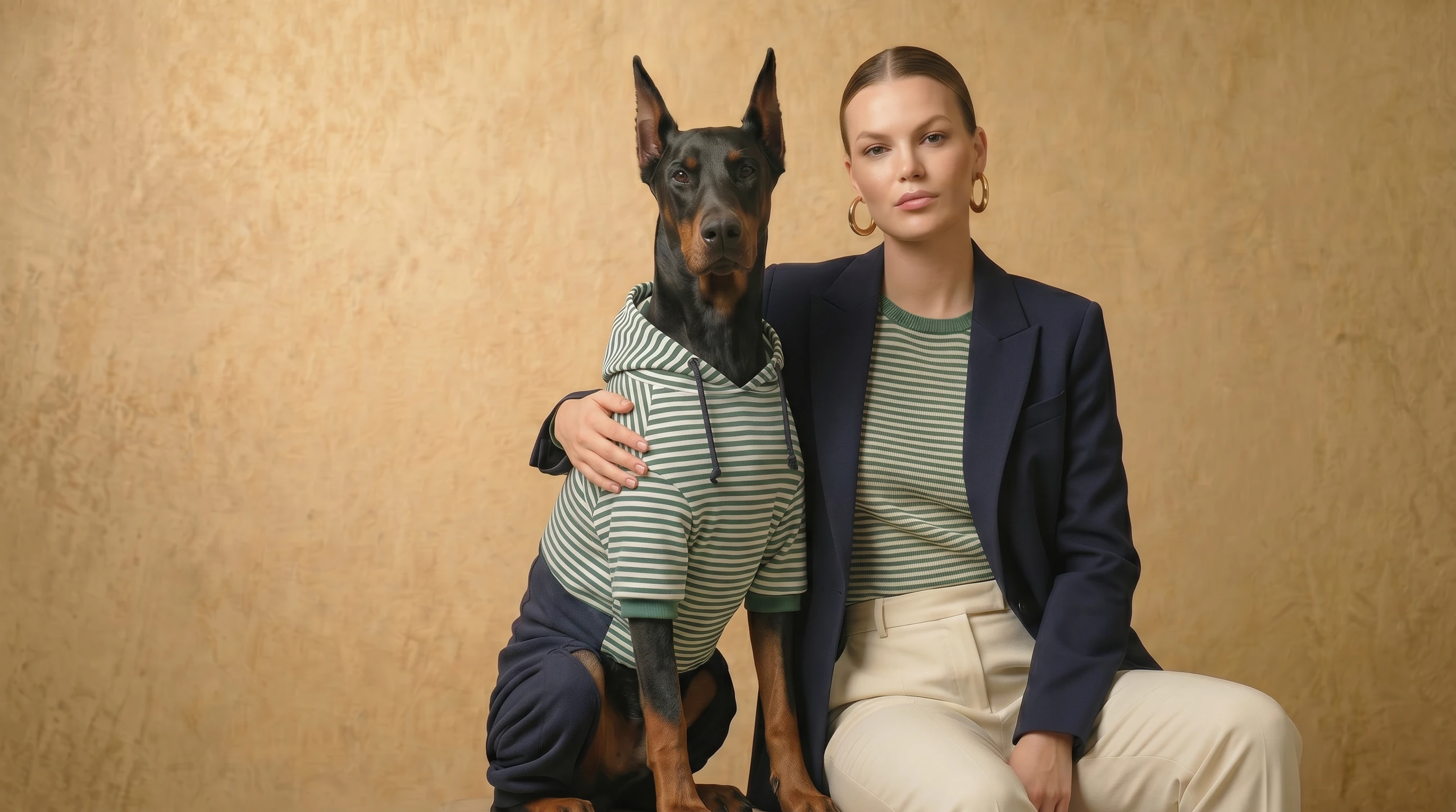 Doberman in green striped dog hoodie with fleece lining, designed for deep-chested breeds, paired with minimalist attire against textured warm backdrop, showcasing functional dog apparel for winter comfort.