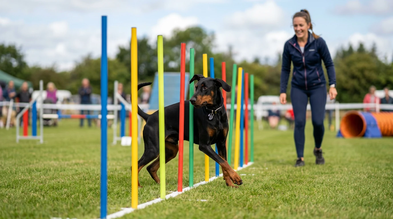 A Doberman Pinscher doing agility training by navigating through weave poles