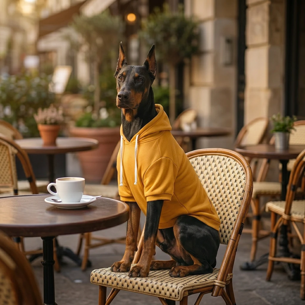 Doberman in mustard-yellow NookPaws™ Deep Chest Dog Hoodie sits on wicker chair at café, soft golden light highlighting textured fabric and athletic build, minimalist urban charm.