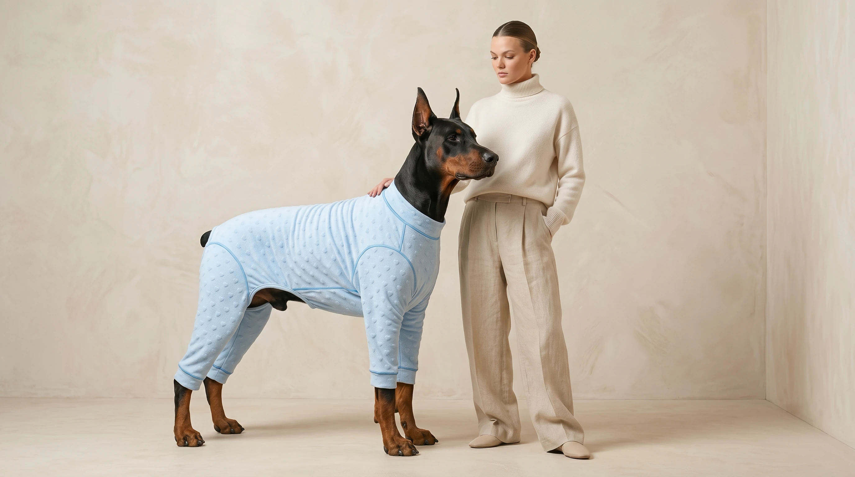 Doberman in soft, light blue NookPaws™ Deep Chest Indoor Layer, a breathable recovery suit with dotted texture, designed for deep-chested breeds; minimalist fit, calm lighting, gentle human touch.