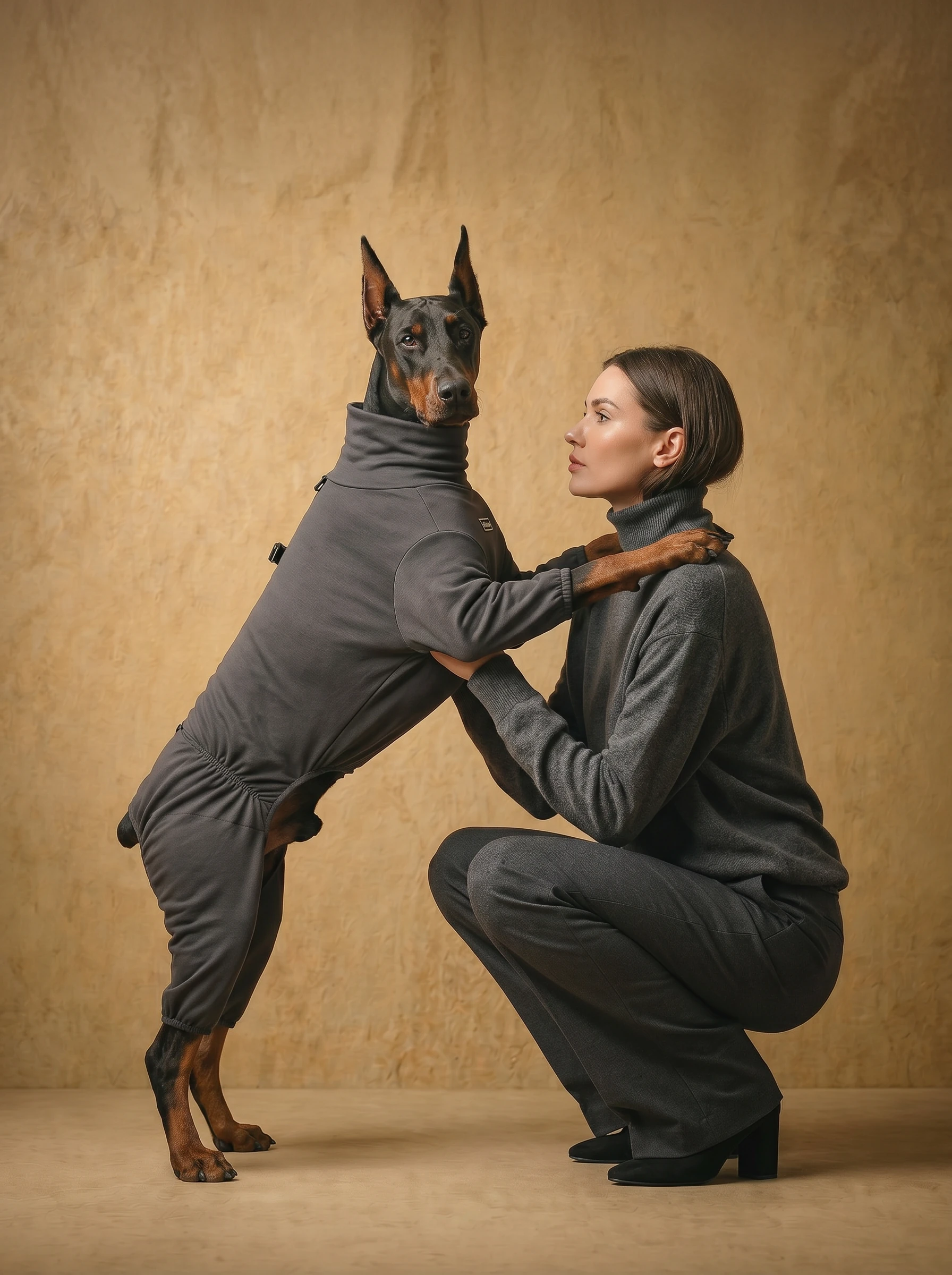 Doberman in NookPaws recovery suit, high-stretch gray fabric, minimalist design, soft lighting, calm posture, pet-human connection, deep-chested fit, functional dog wear