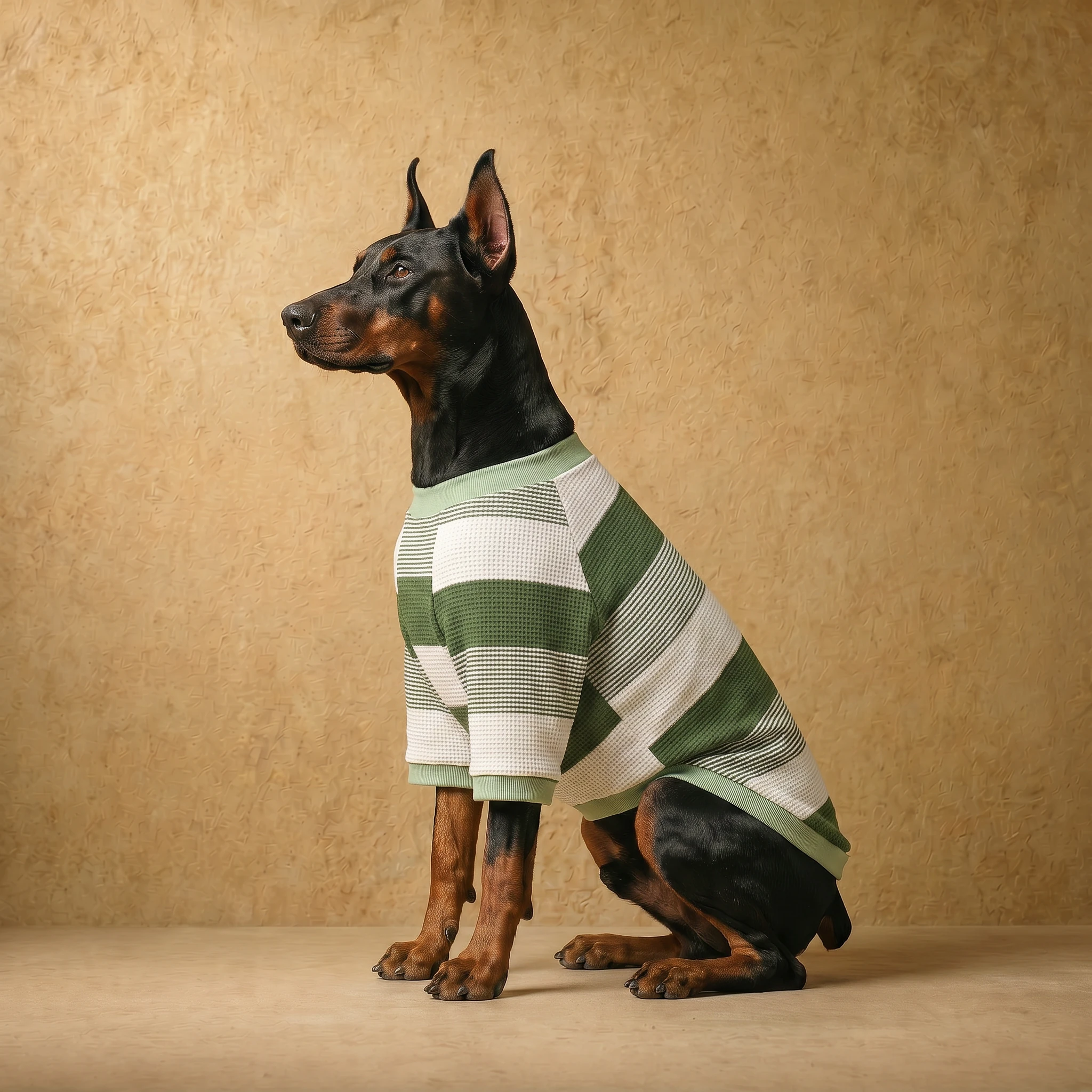 Doberman in a sage green and white striped waffle-knit sweater, tailored for deep-chested builds, with clean lines and athletic fit, showcasing clothes that fit dobermans.