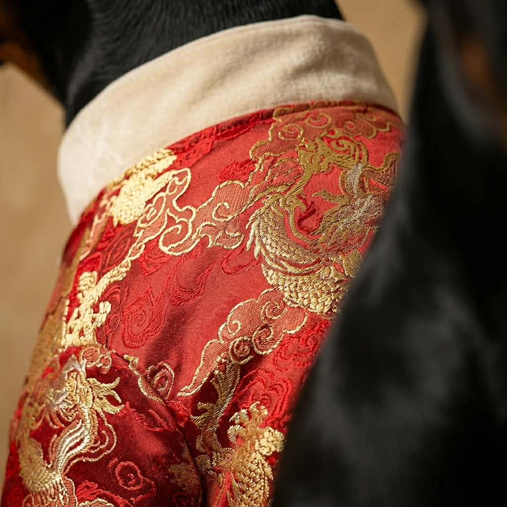 Rich red brocade with gold dragons adorns the Heritage Doberman Coat, lined with plush cream fleece, showcasing elegant fit for deep-chested breeds.