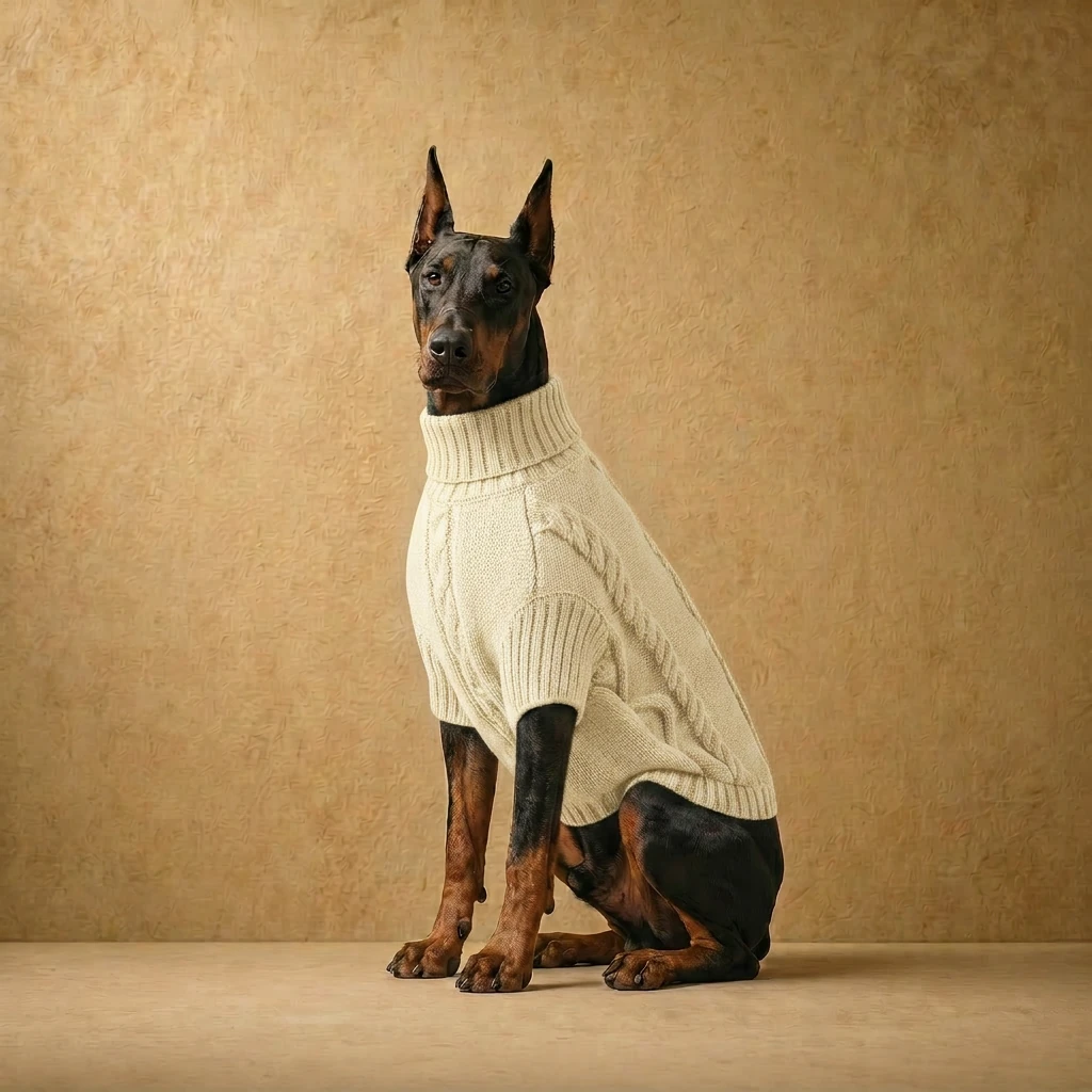 Doberman wearing a cream cable-knit sweater with a high turtleneck and tailored fit, showcasing deep-chested dog apparel in a neutral, minimalist setting.