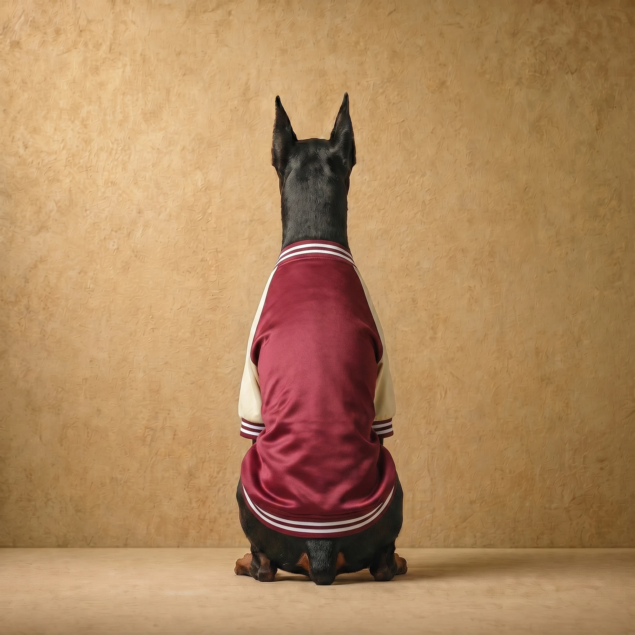 Doberman in a maroon and cream varsity-style jacket with white trim, sitting upright against a textured beige backdrop, showcasing a streamlined fit for deep-chested dogs.