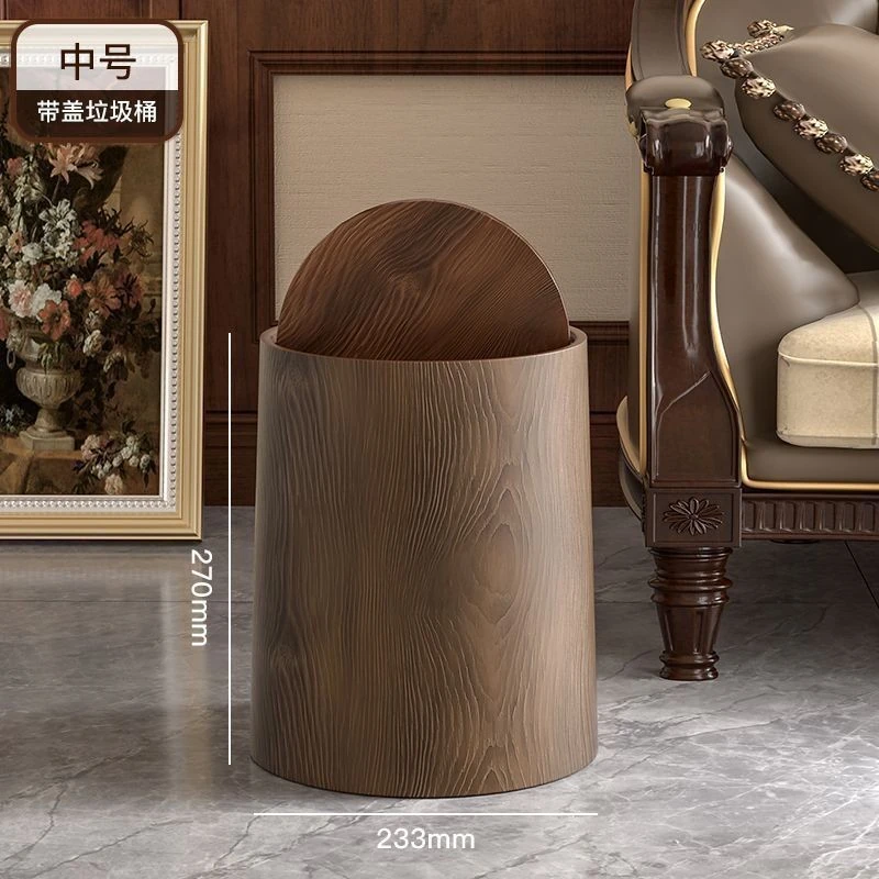 Cylindrical wood-grain waste bin with curved lid, set beside a classic armchair and floral artwork, blending seamlessly into a calm, harmonious pet living space.